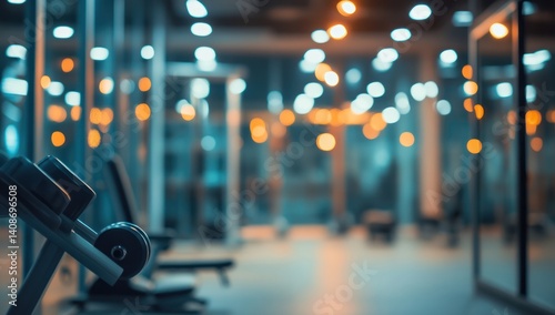 Blurred Gym Ambiance: Fitness Center Interior with Lights photo