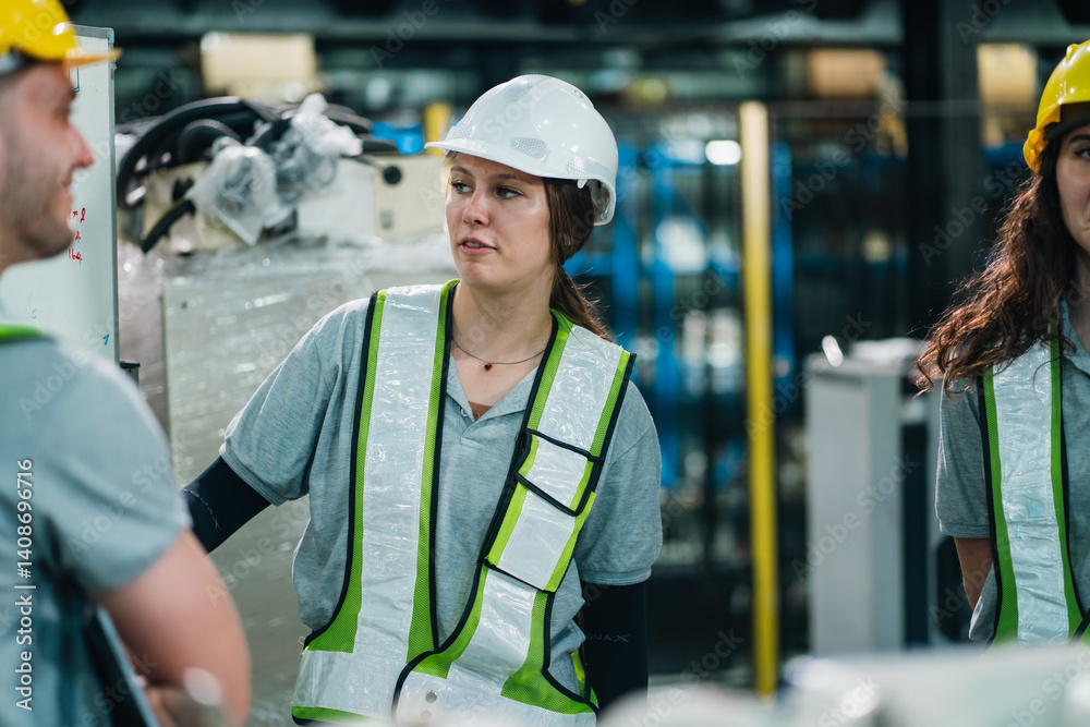 Female Engineer Working in Factory, Professional in the Manufacturing Industry, Wearing Uniform for Safety, Overseeing Machinery and Production, Contributing to Business Construction Job to Success Female Engineer Working in Factory, Professional in the Manufacturing Industry, Wearing Uniform for Safety, Overseeing Machinery and Production, Contributing to Business Construction Job to Success