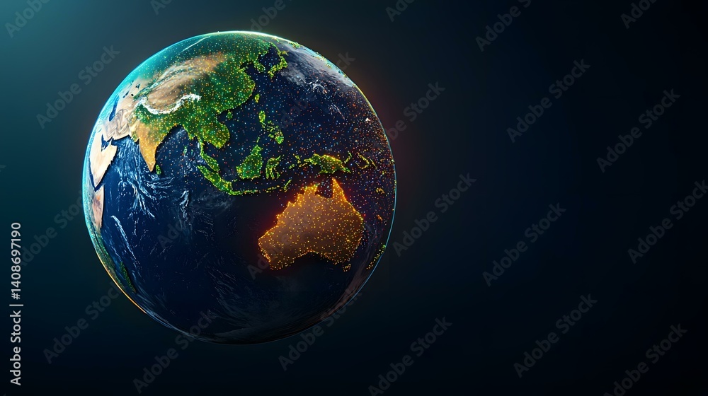 The image shows a 3D rendering of planet Earth, with city lights depicted as glowing points of light across the continents of Asia, Australia, and parts of Europe. The ocean is a deep blue, contrast The image shows a 3D rendering of planet Earth, with city lights depicted as glowing points of light across the continents of Asia, Australia, and parts of Europe. The ocean is a deep blue, contrast