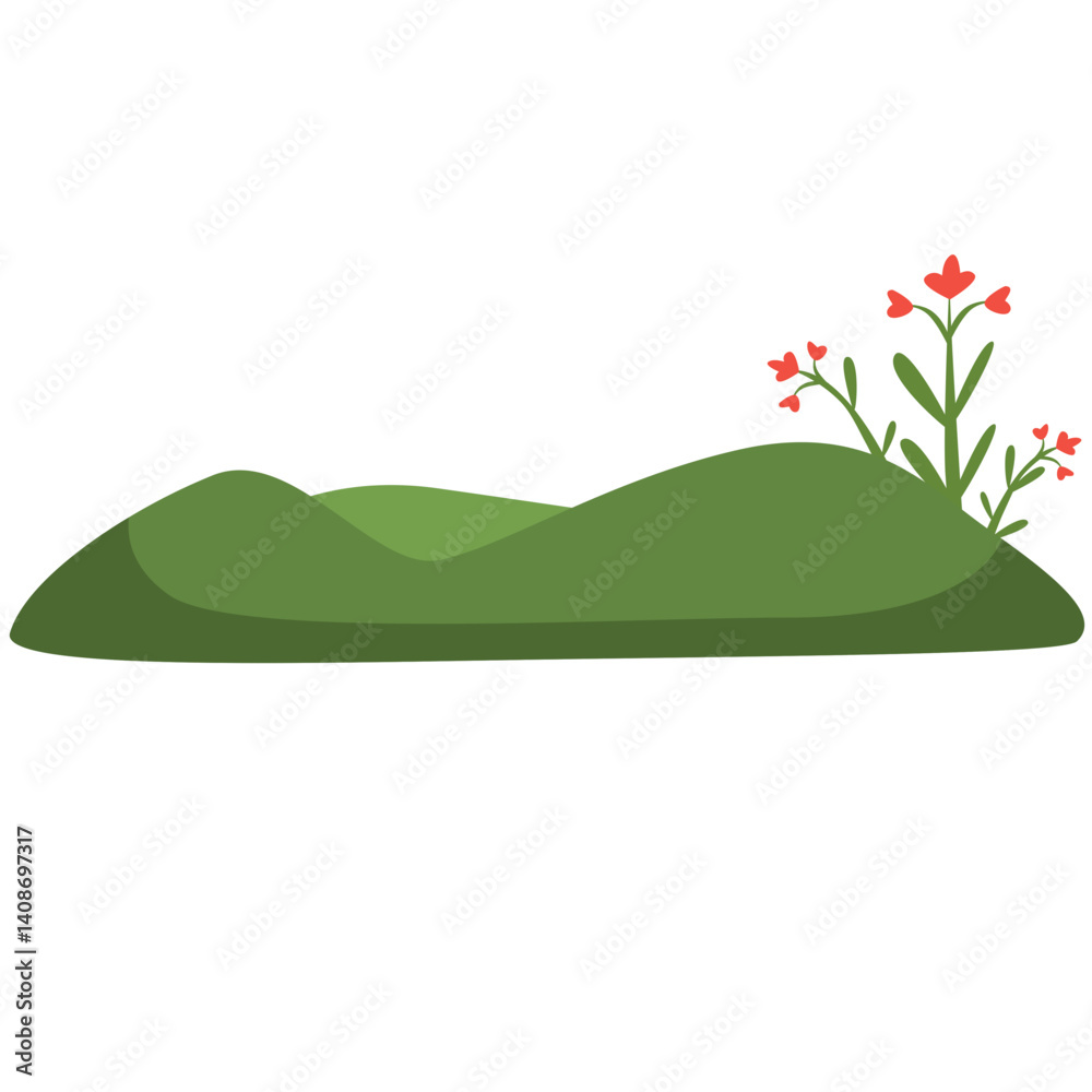 Obraz premium Flat vector illustration of a grassy garden with small blooming flowers. Perfect for spring themes, nature scenes, eco designs, educational projects, or outdoor-related creative compositions.