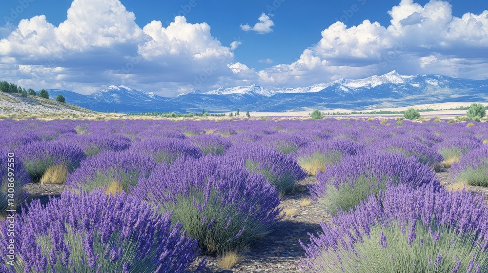 Obraz premium A vast lavender field stretches out beneath a vibrant blue sky, dotted with puffy white clouds, and mountains in the distance.