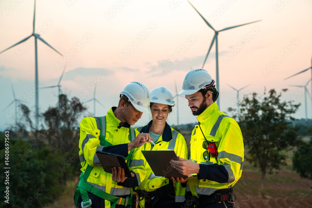 Technician and Engineer Working on a Windmill Turbine in the Field, Harnessing Renewable Energy for Sustainable Power Generation, Using Advanced Technology and Innovation to Support the Environmental