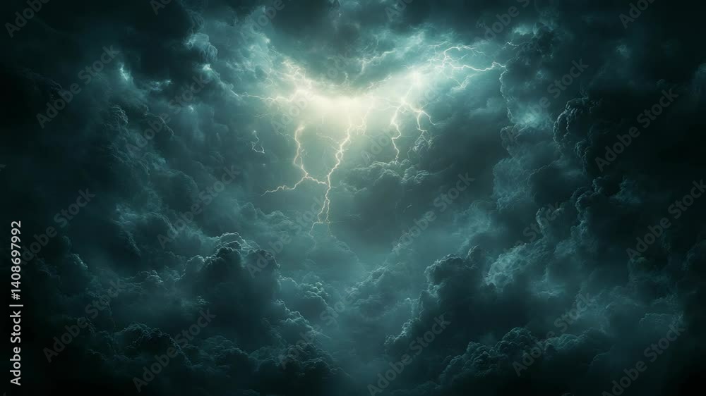 Spectacular lightning strikes illuminate a turbulent, dark sky filled with thick storm clouds in a powerful weather display. Spectacular lightning strikes illuminate a turbulent, dark sky filled with thick storm clouds in a powerful weather display.