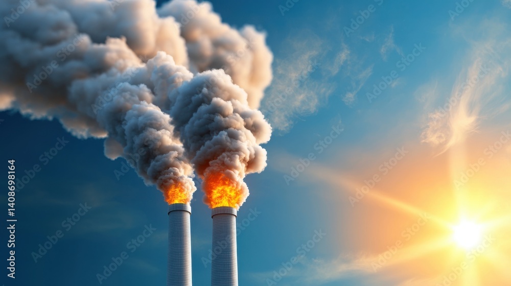 Obraz premium Dramatic image of thick dark smoke billowing from tall industrial chimneys highlighting the environmental pollution and global climate crisis caused by fossil fuel based energy production