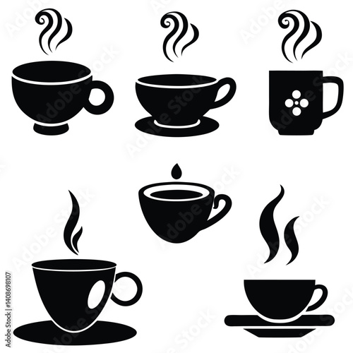 Black silhouettes of coffee cups and mugs with steam on transparent background