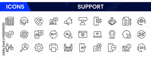 A vector illustration web line icon collection representing support services, including help desk, customer care, headset, chat, tools, and assistance for business and tech use.