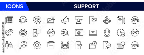 A vector illustration web line icon collection representing support services, including help desk, customer care, headset, chat, tools, and assistance for business and tech use.