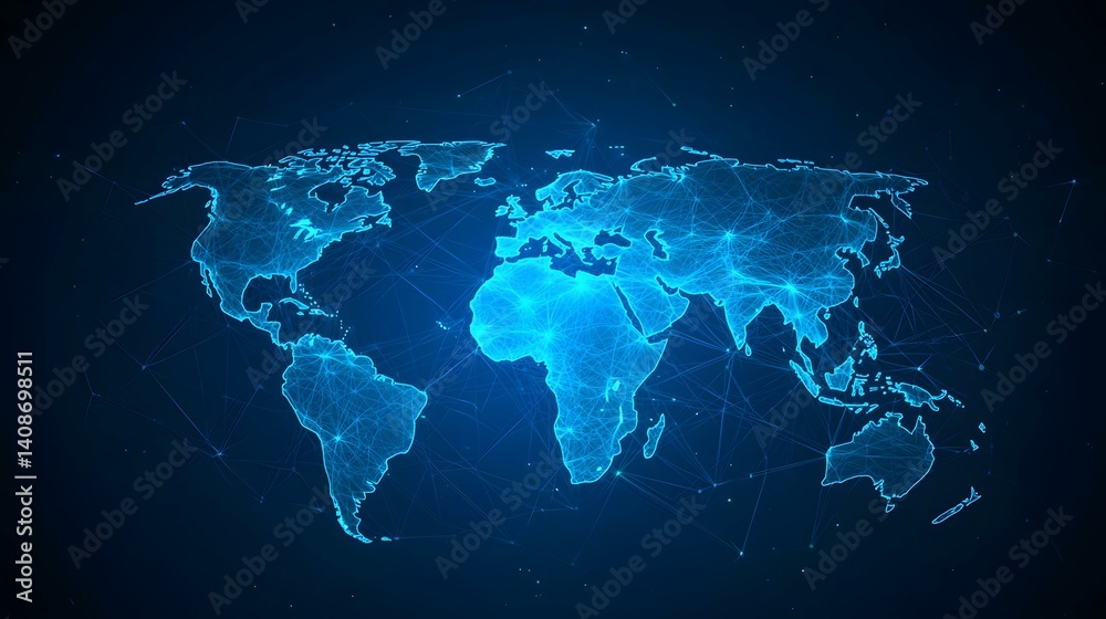Naklejka premium The image contains a glowing blue, wireframe representation of the world map, with interconnected nodes suggesting global networks and connections.A medium description sentence: A digital world map