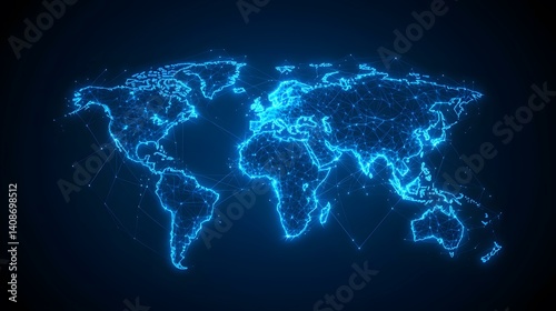 The image contains a glowing blue, digital representation of a world map, formed from interconnected nodes and lines, resembling a network or constellation.