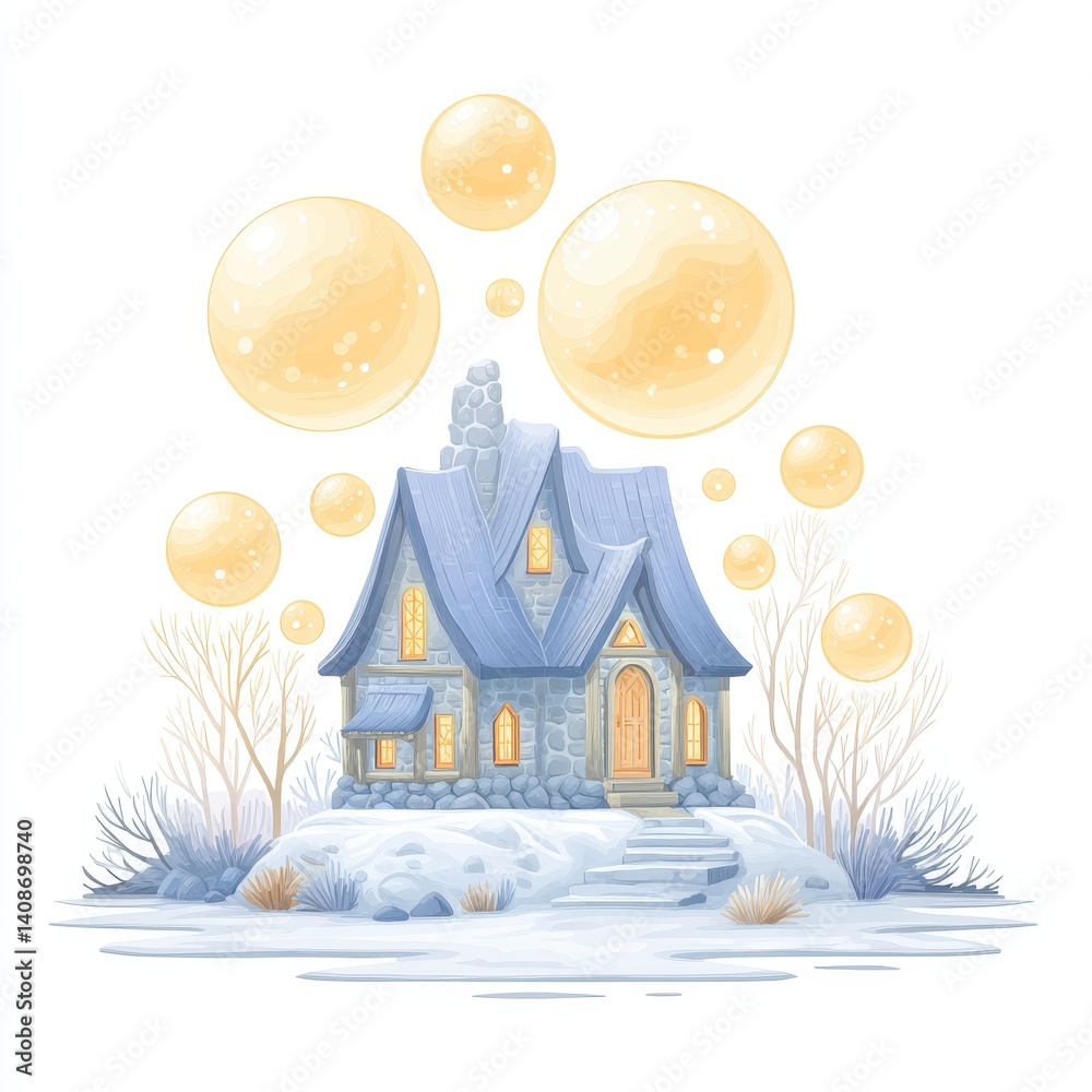 Fototapeta premium Whimsical Winter Cottage on Snowy Hill Surrounded by Golden Orbs and Bare Trees