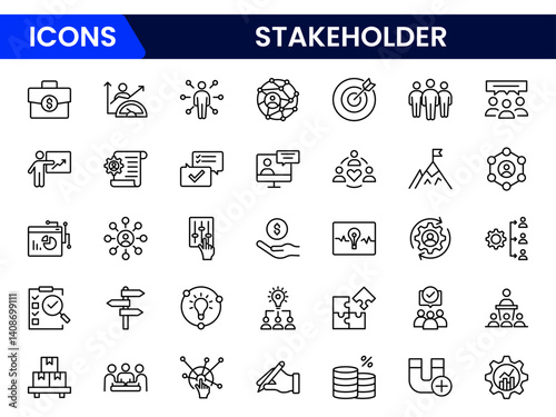 Vector line icon collection for stakeholders—representing investors, partners, employees, and community members. Ideal for business presentations, strategy discussions, and corporate engagement visual