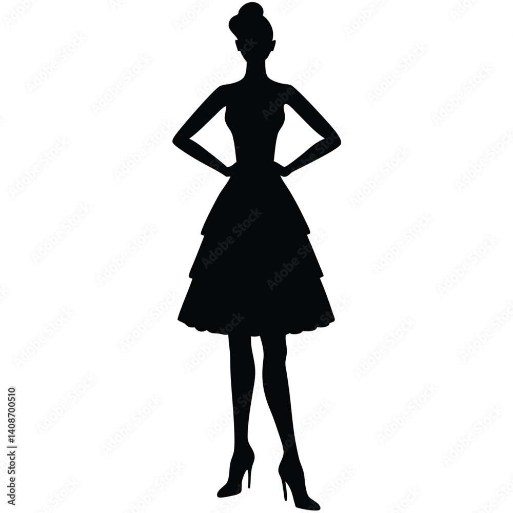 Elegant Woman Silhouette with Tiered Dress and Heels on Transparent Background Elegant Woman Silhouette with Tiered Dress and Heels on Transparent Background