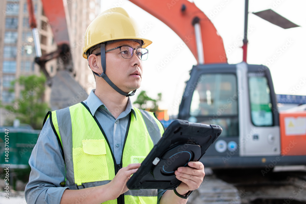 asian male engineer working on digital tablet in construction site asian male engineer working on digital tablet in construction site