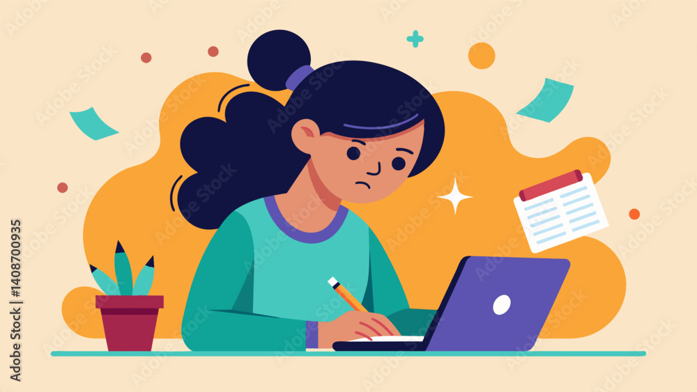 A girl scribbles frantically in her notebook jotting down notes and ideas as she works through her coding assignment.. Vector illustration A girl scribbles frantically in her notebook jotting down notes and ideas as she works through her coding assignment.. Vector illustration