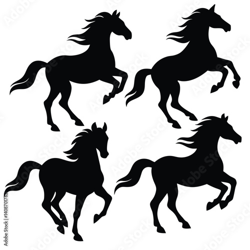 Horse Silhouette Set, Equestrian Action, Animal Black Shapes on Transparent Background