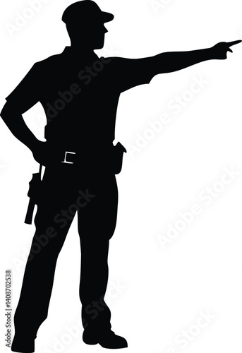 Isolated Policeman Silhouette Directing Traffic Pointing, Full Body View, Transparent