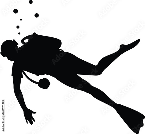 Isolated Scuba Diver Black Silhouette with Flippers and Bubbles on Transparent Background
