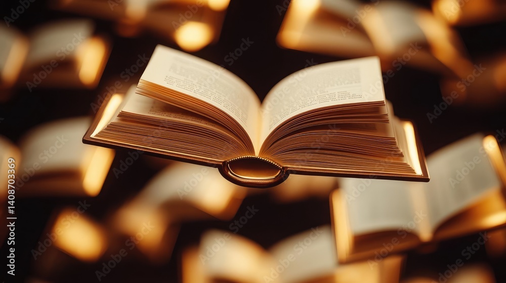 Fototapeta premium Books floating in the air in a literature and reading concept. An open book illuminated against a dark backdrop, symbolizing knowledge.