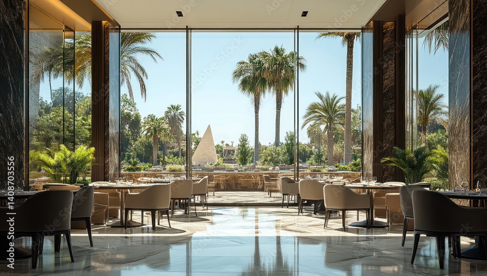 Fototapeta premium Luxurious Restaurant with Pyramid View