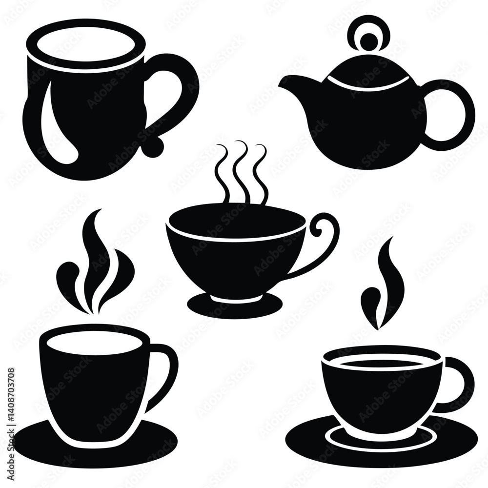 Obraz premium Monochrome Silhouette Teapot and Coffee Cups with Hot Steam on Transparent