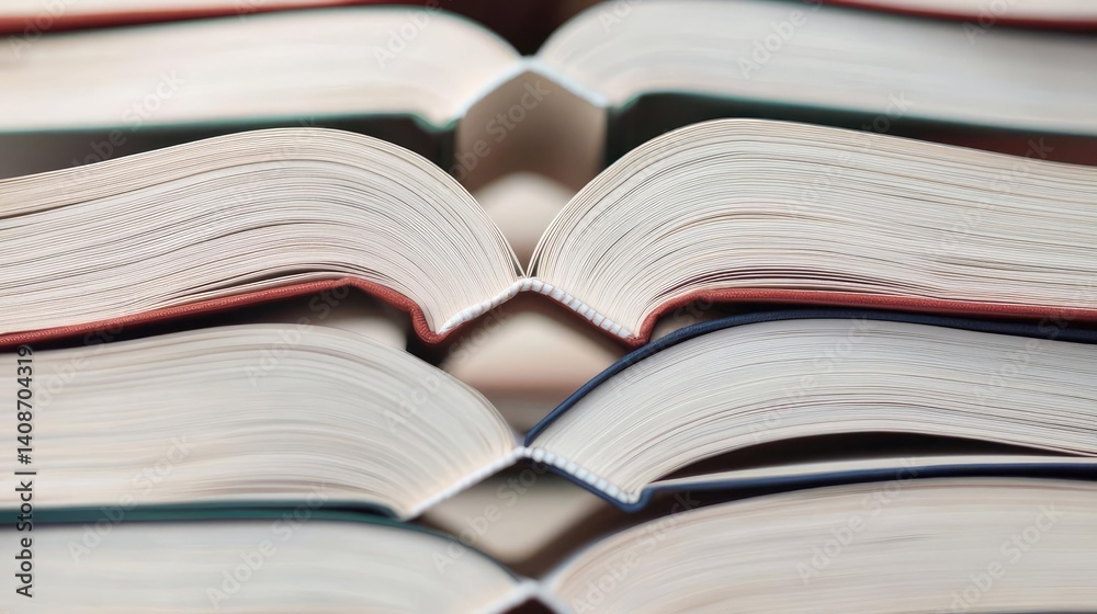 Books floating in the air as part of a float and education concept. Stacked open books displaying colorful pages and textures.