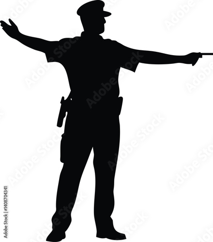 Policeman Silhouette Directing Traffic Cop with Cap and Gun on White Background