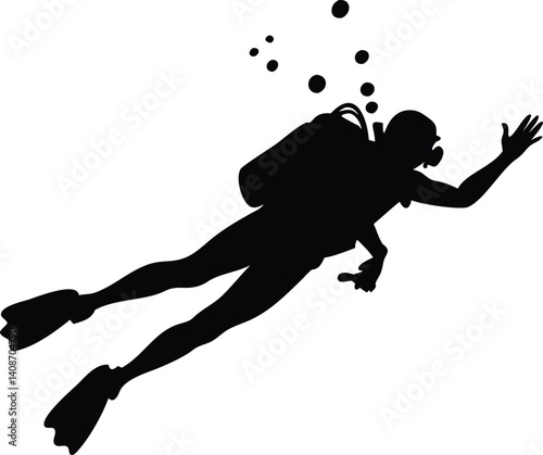 Scuba Diver Waving Silhouette with Transparent Background and Bubbles Around