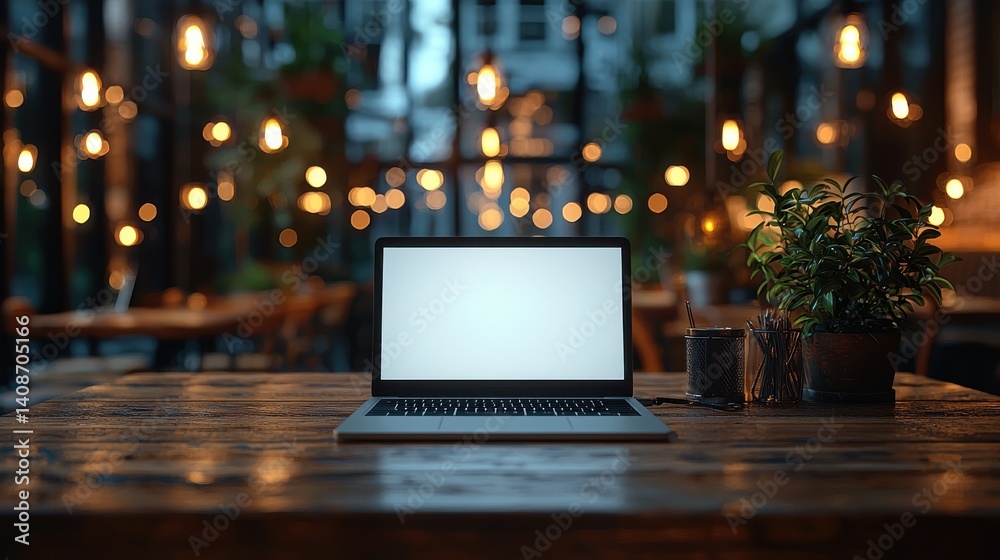 Cozy and modern laptop workstation setup with ambient lighting potted plant and other decorative elements creating a relaxing and professional atmosphere in a minimalist office or home environment