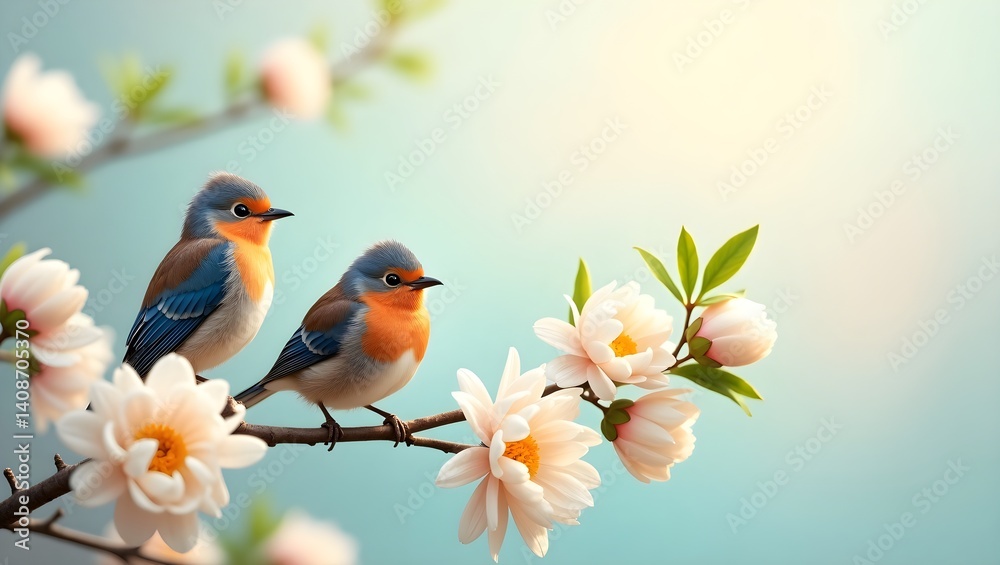 Two robin birds perched on flowering branch spring blossom nature photography wallpaper background image