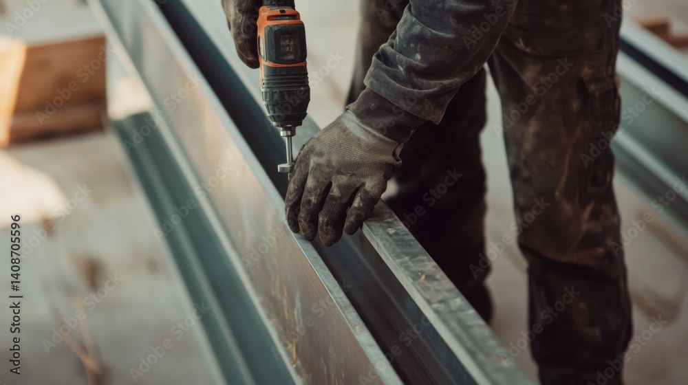 Fototapeta premium Construction worker using a power drill on a steel beam. Featuring skill and focus