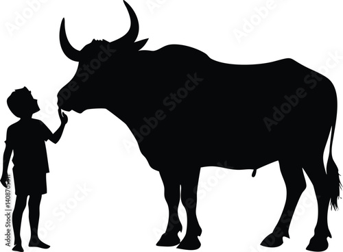 Silhouette of Boy Touching Water Buffalo on Transparent Background Design Stock