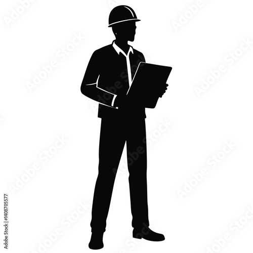 Silhouette of Engineer with Helmet Inspecting Clipboard on Transparent Background