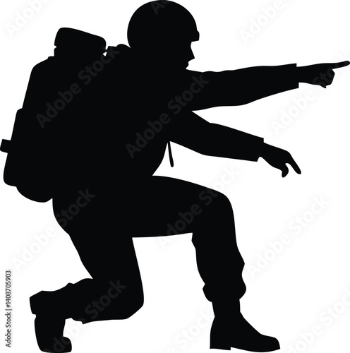 Silhouette of Kneeling Soldier with Backpack Pointing on Transparent Background