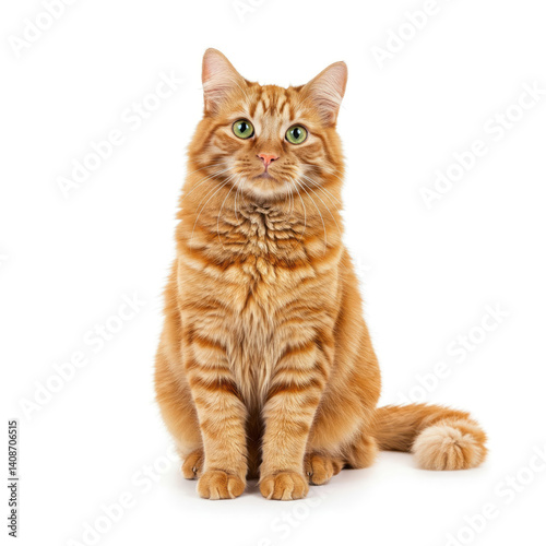 ginger cat sitting, starring isolated on white background