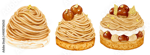 モンブランの水彩風イラスト 栗のクリームケーキ スイーツ