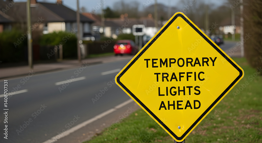 Warning Sign Indicates Temporary Traffic Lights Ahead on Country Road Warning Sign Indicates Temporary Traffic Lights Ahead on Country Road