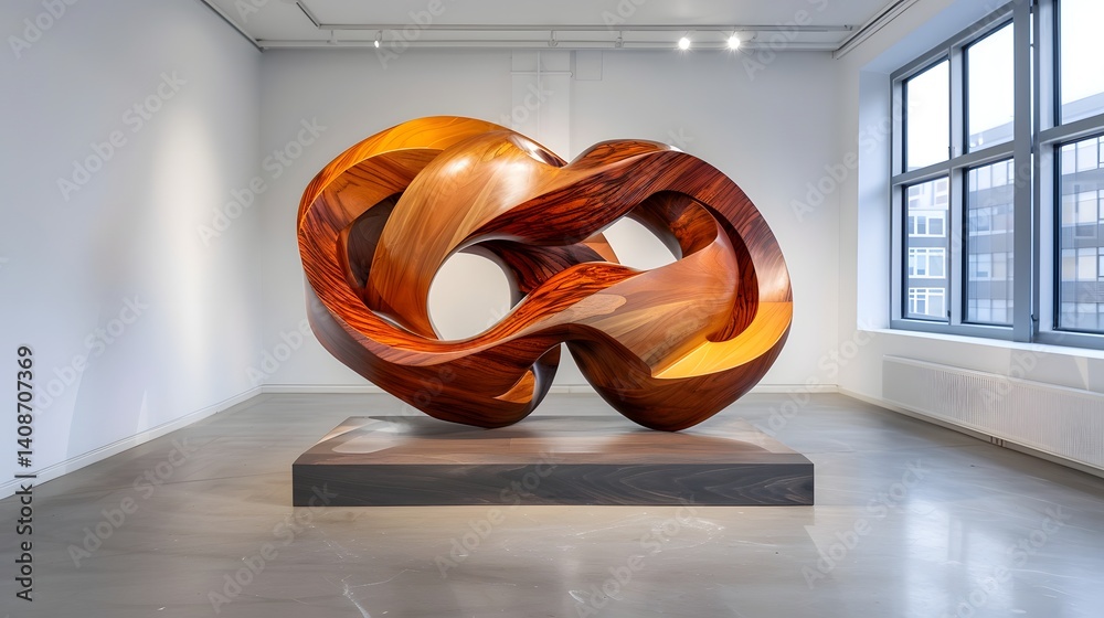 Captivating abstract wood sculpture in gallery setting