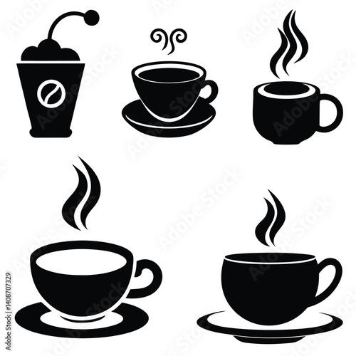 Steaming Black Coffee Cup Set with Saucer and Drink Cup Isolated on White