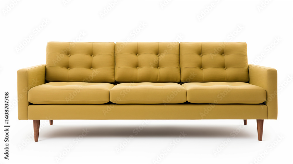 Fototapeta premium Mustard Yellow MidCentury Modern Sofa Button Tufted ThreeSeater