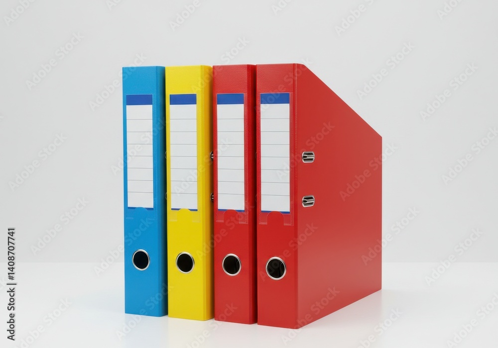 A view of four colorful ring binders standing upright on a white surface in a bright studio light A view of four colorful ring binders standing upright on a white surface in a bright studio light