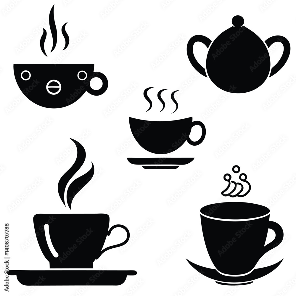 Obraz premium Tea Set Black Silhouette with Steaming Cups Isolated on Transparent Background