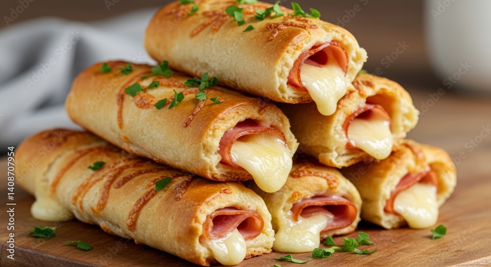 Delicious golden brown ham and cheese rolls on wooden board close-up Delicious golden brown ham and cheese rolls on wooden board close-up