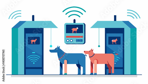 Smart stalls that use pressure sensors to detect abnormal behavior or posture in individual animals indicating potential health problems.. Vector illustration