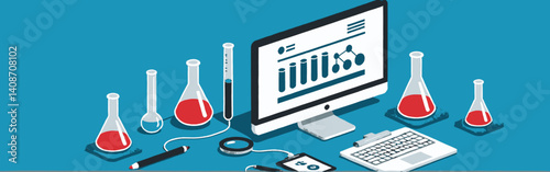 An_isometric_illustration_shows_scientific_research_with_flasks_filled_with_red_liquid,_a_computer_displaying_graphs,_and_a_clipboard_on_a_blue_background