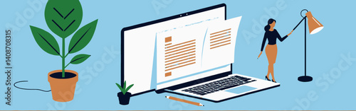 Illustration_shows_a_stylized_woman_standing_by_a_lamp_next_to_a_laptop_displaying_documents_with_houseplants_and_a_pencil_on_a_blue_background_