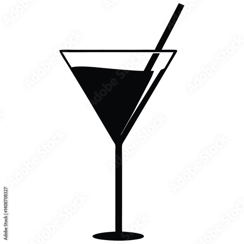Transparent drink icon, silhouette of a martini glass with straw, simple black and white
