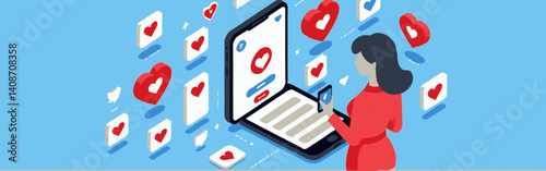 Isometric_illustration_of_a_woman_in_red_using_social_media_on_a_laptop_and_phone,_surrounded_by_hearts_and_like_icons_against_a_blue_background