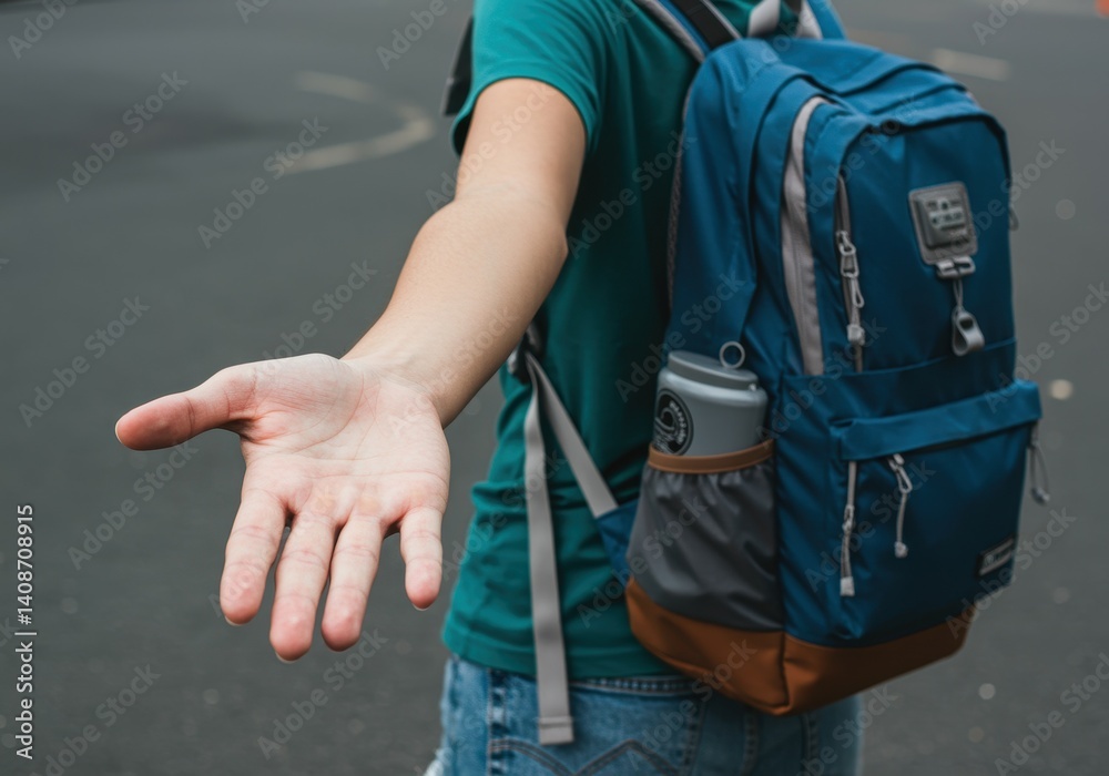 front view young traveller with backpack opening her hands front view young traveller with backpack opening her hands