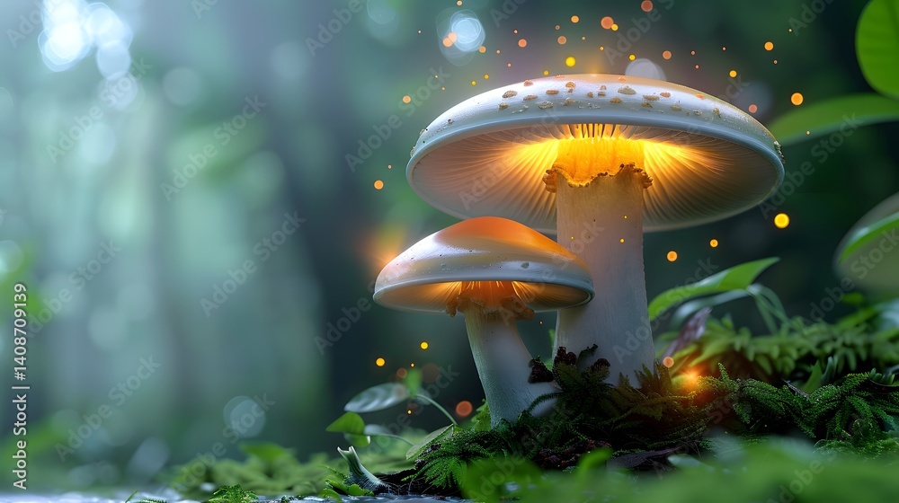 Glowing mushrooms in a serene forest setting