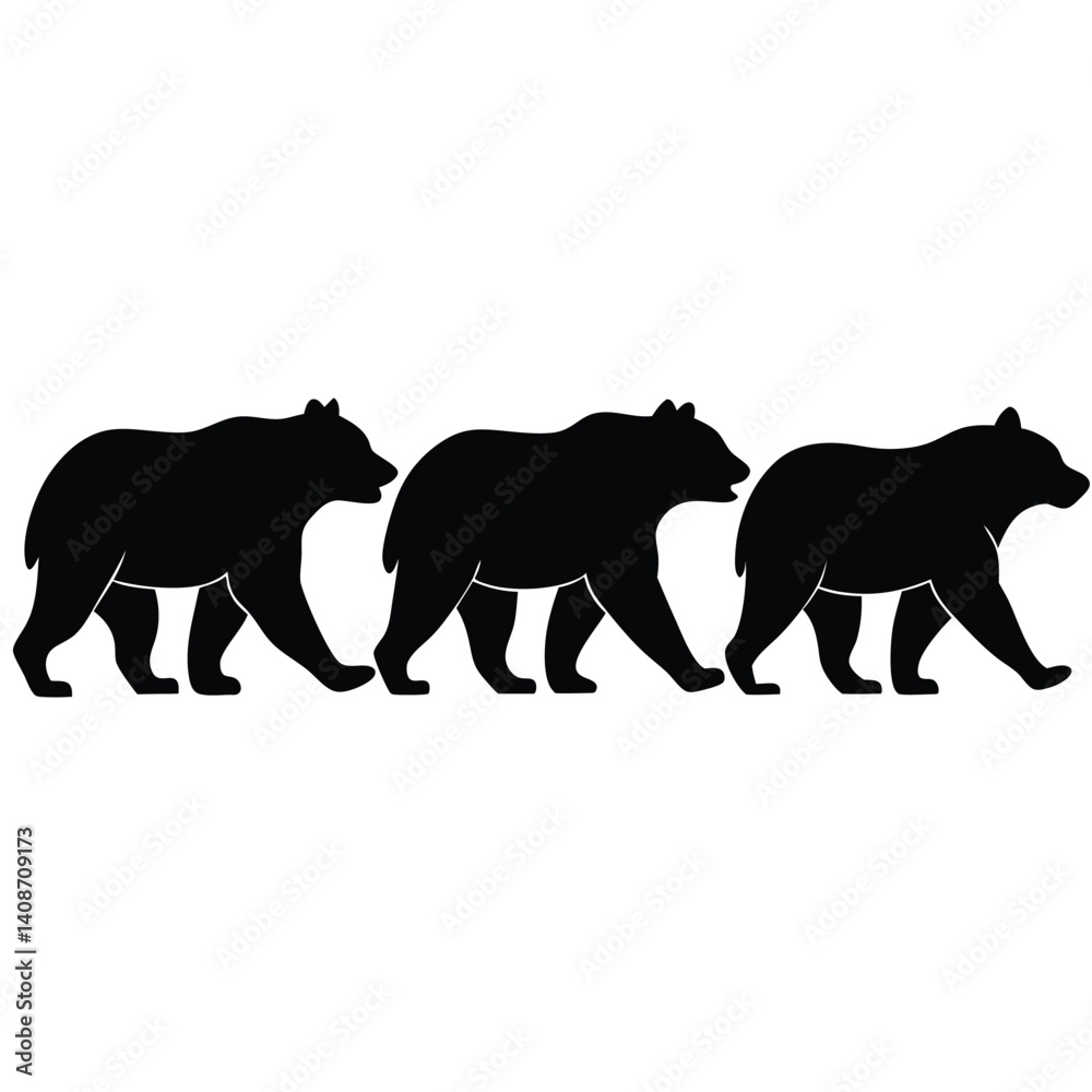 Obraz premium Black bear silhouettes set walking on white background high resolution picture